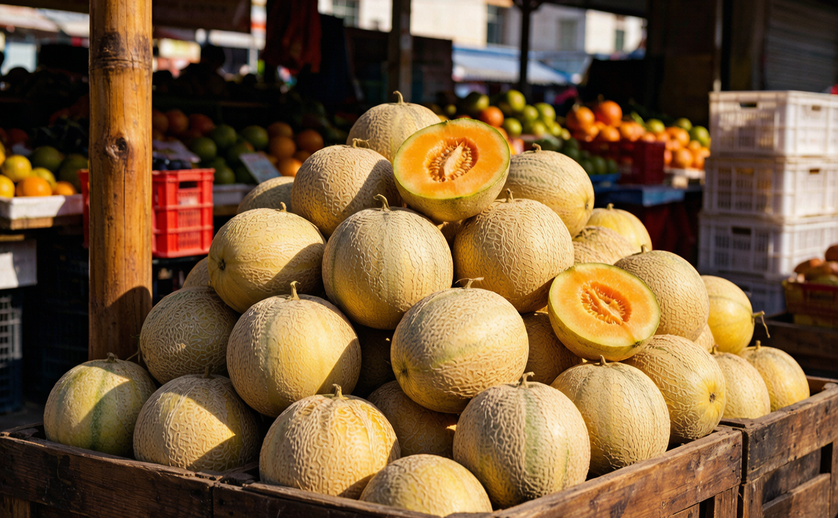 Hami travel guide - piles of sweet Hami melons at a local market stall