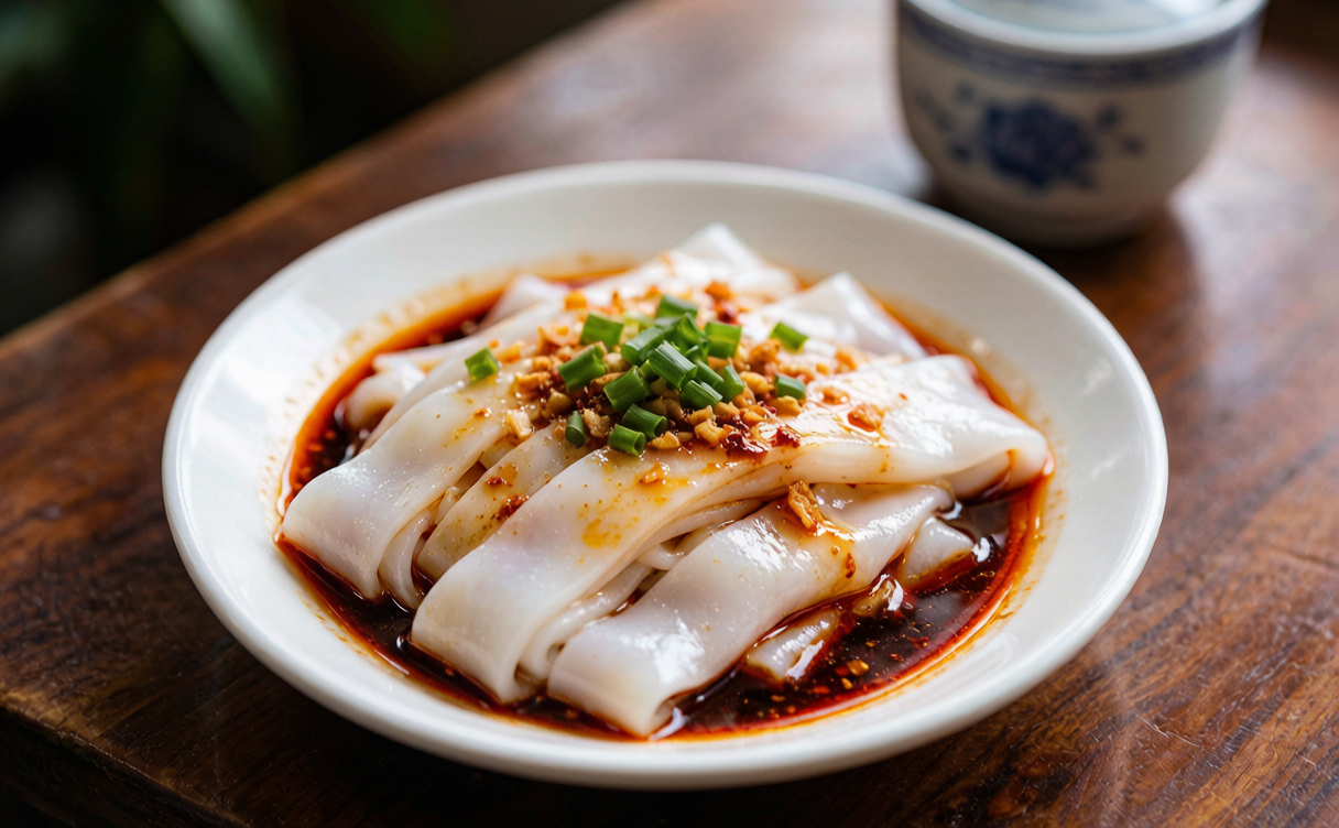 Hanzhong travel guide - plate of Hanzhong mianpi rice noodle rolls with chilli oil