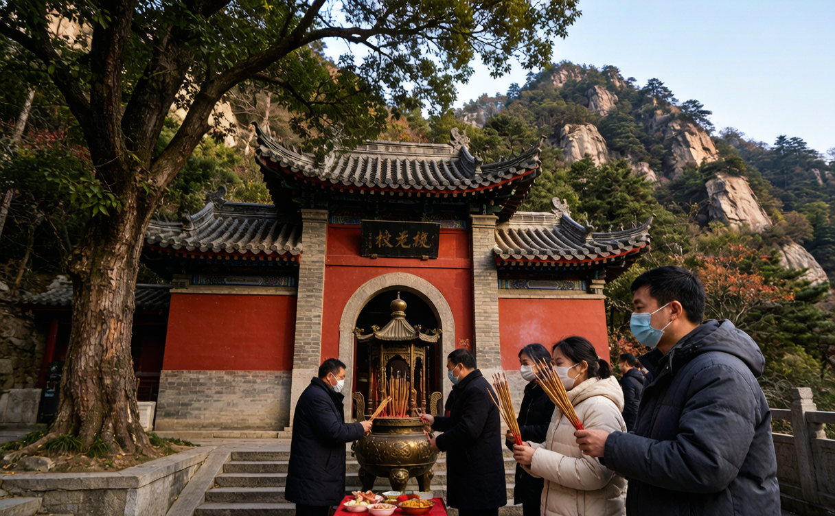 Pilgrims burning incense at a temple gate on Mount Heng, Hunan, with the peak behind