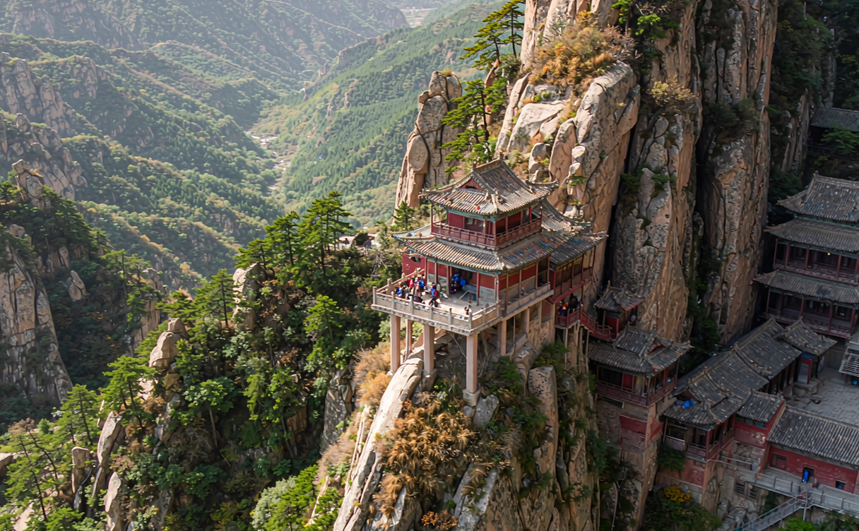 Hengshan suspended temple clinging to a cliff face in Shanxi, China at daylight
