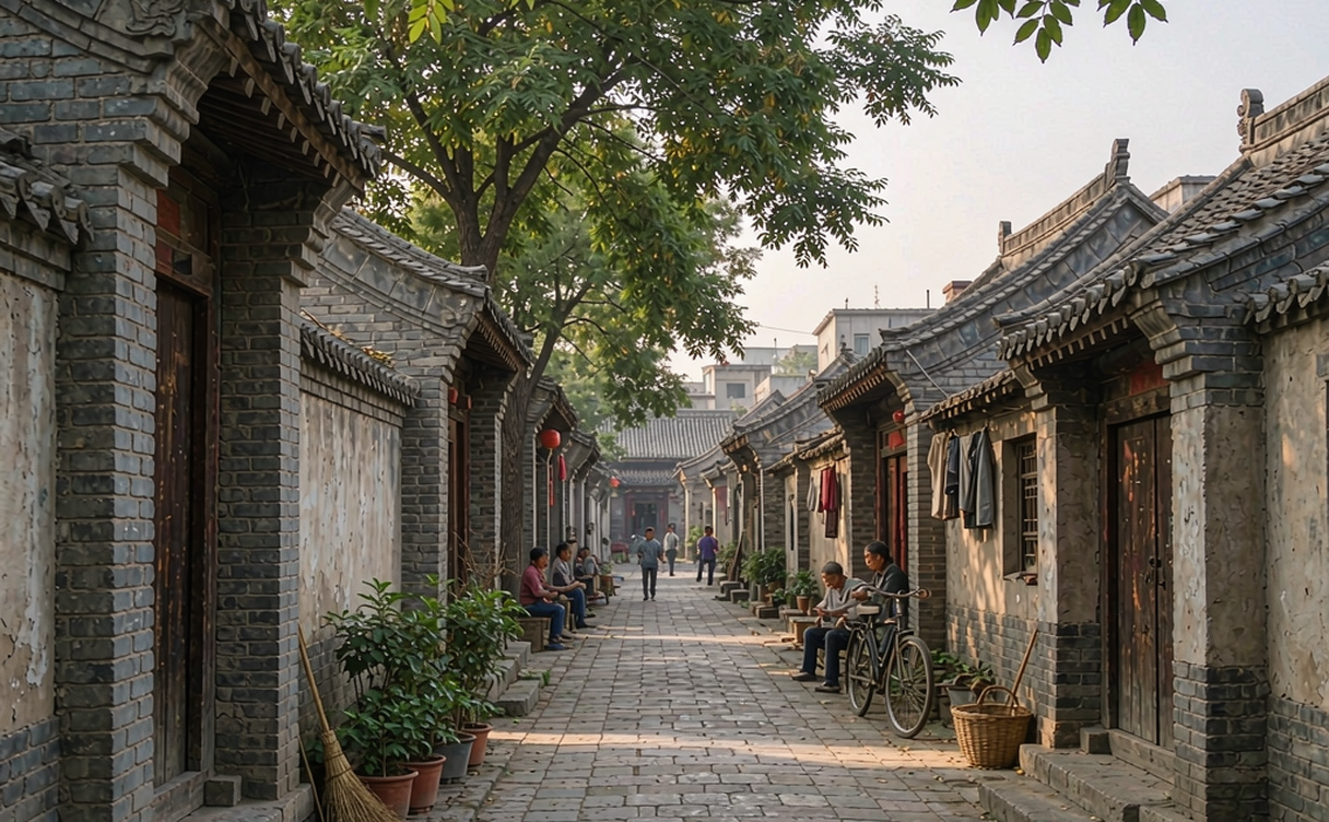 Courtyard homes and tree lined streets in old Hengshui town, Hebei