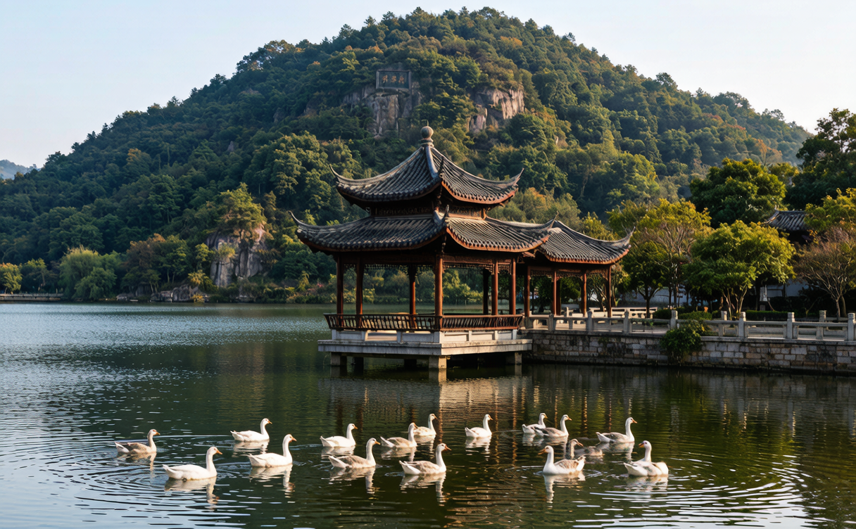 Hengyang travel guide - pavilion and lake at Huiyan Peak in the Wild Goose City