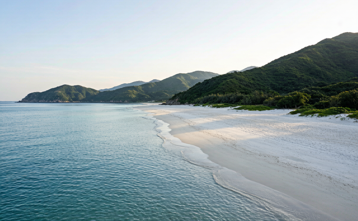 Empty white sand beach with clear surf at Tai Long Wan, Hong Kong, China