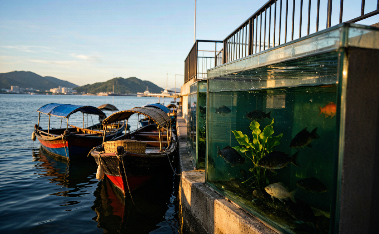 Harbourfront promenade with sampans and seafood tanks in Sai Kung, Hong Kong, China