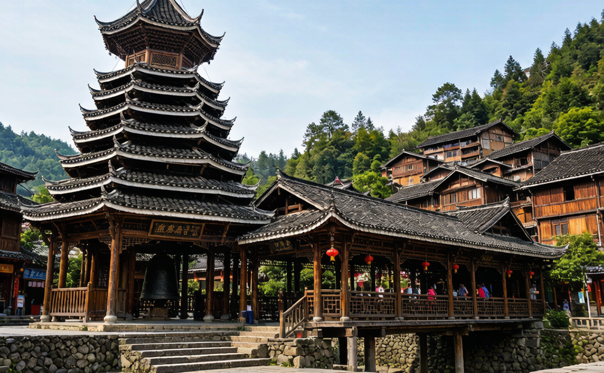 Dong minority drum tower and covered bridge in a Huaihua village