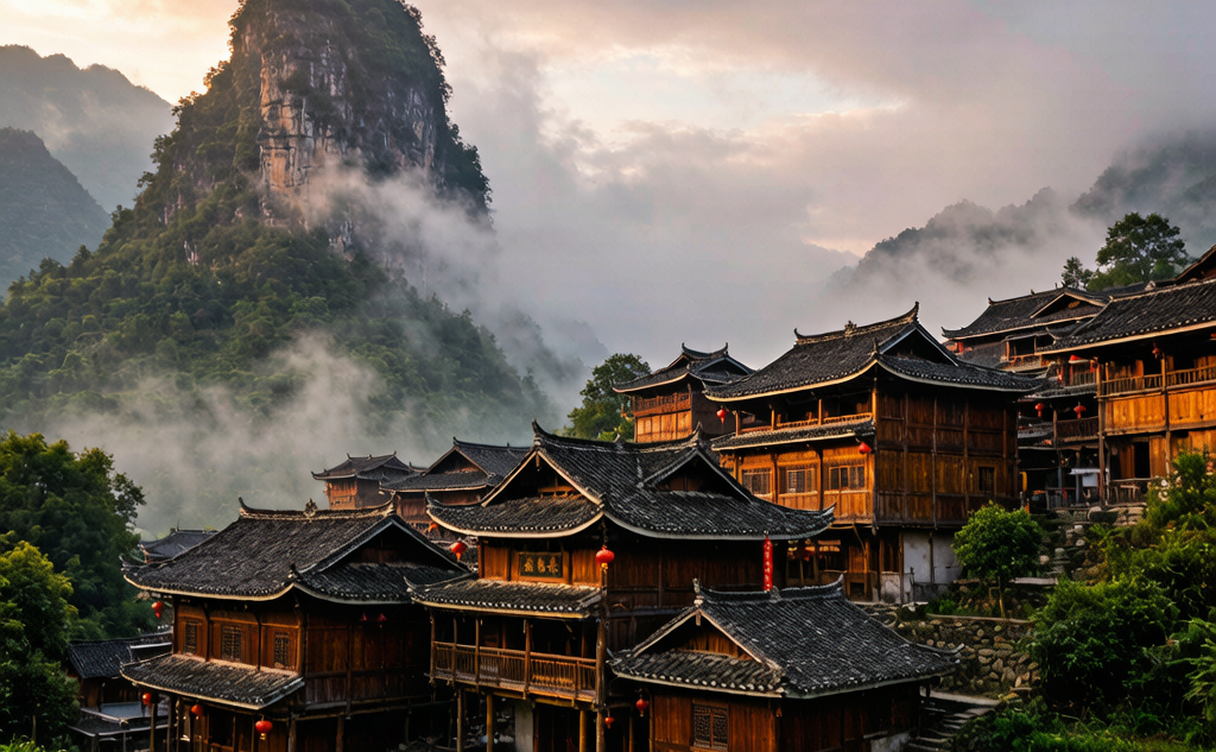 Miao minority stilted houses among misty mountains near Huaihua