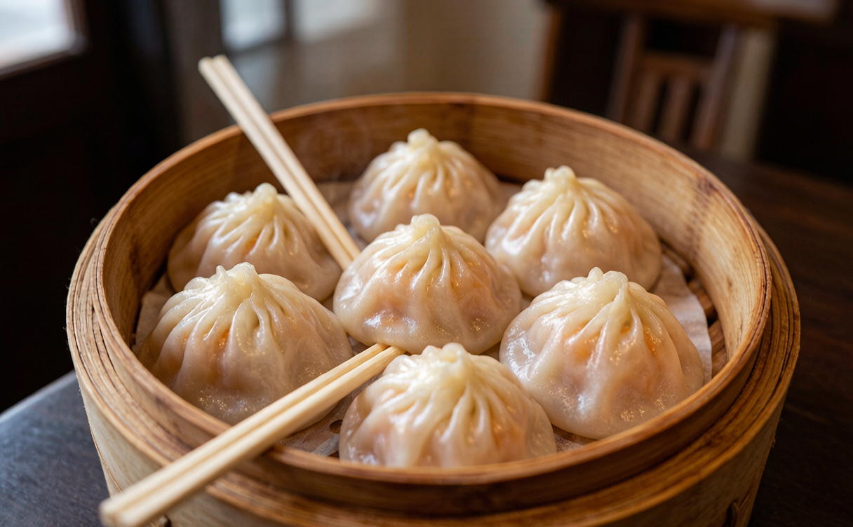 Huaiyang cuisine guide - crab roe soup dumpling served with a straw in Jiangsu, China