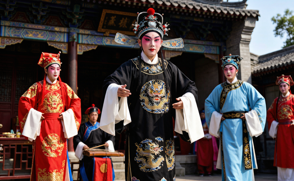Traditional Huangmei opera performers on a wooden stage in Huanggang, Hubei