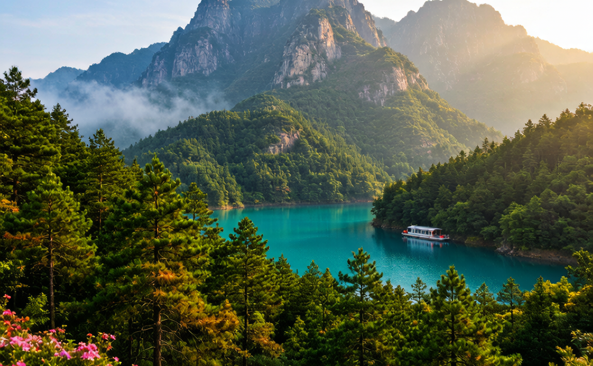 Emerald lake and forested hills at Tiantangzhai near Huanggang, Hubei