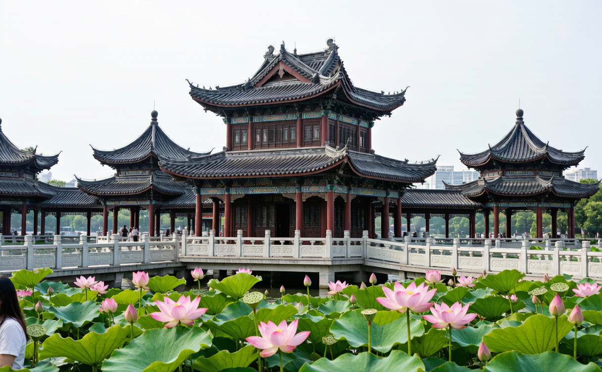 Huizhou West Lake pavilions and lotus flowers in Guangdong, China