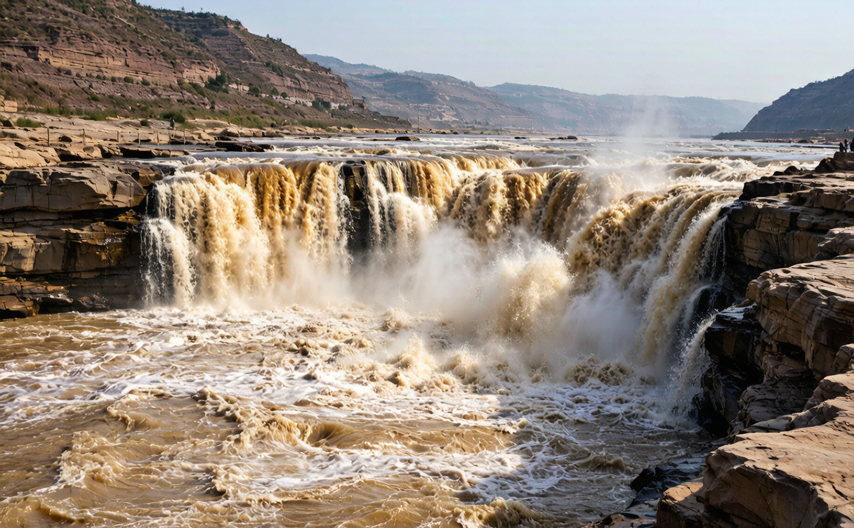 Hukou Waterfall guide - the Yellow River pouring through the narrow gorge at Hukou