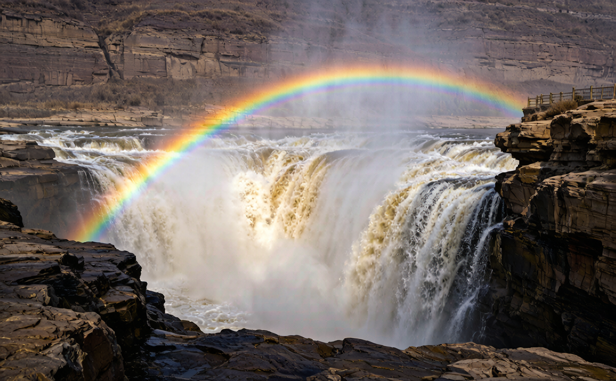 Hukou Waterfall guide - rainbow in the spray above the Yellow River falls