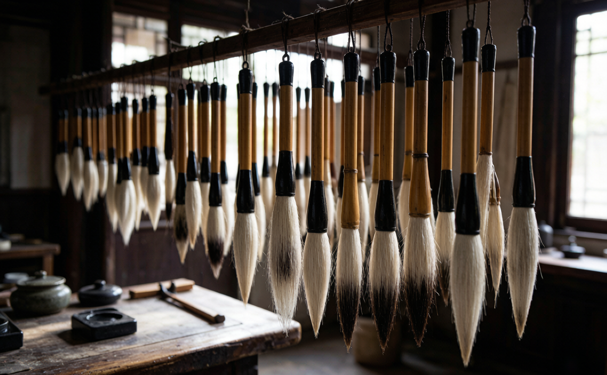 Huzhou travel guide - handmade Huzhou writing brushes drying in a workshop
