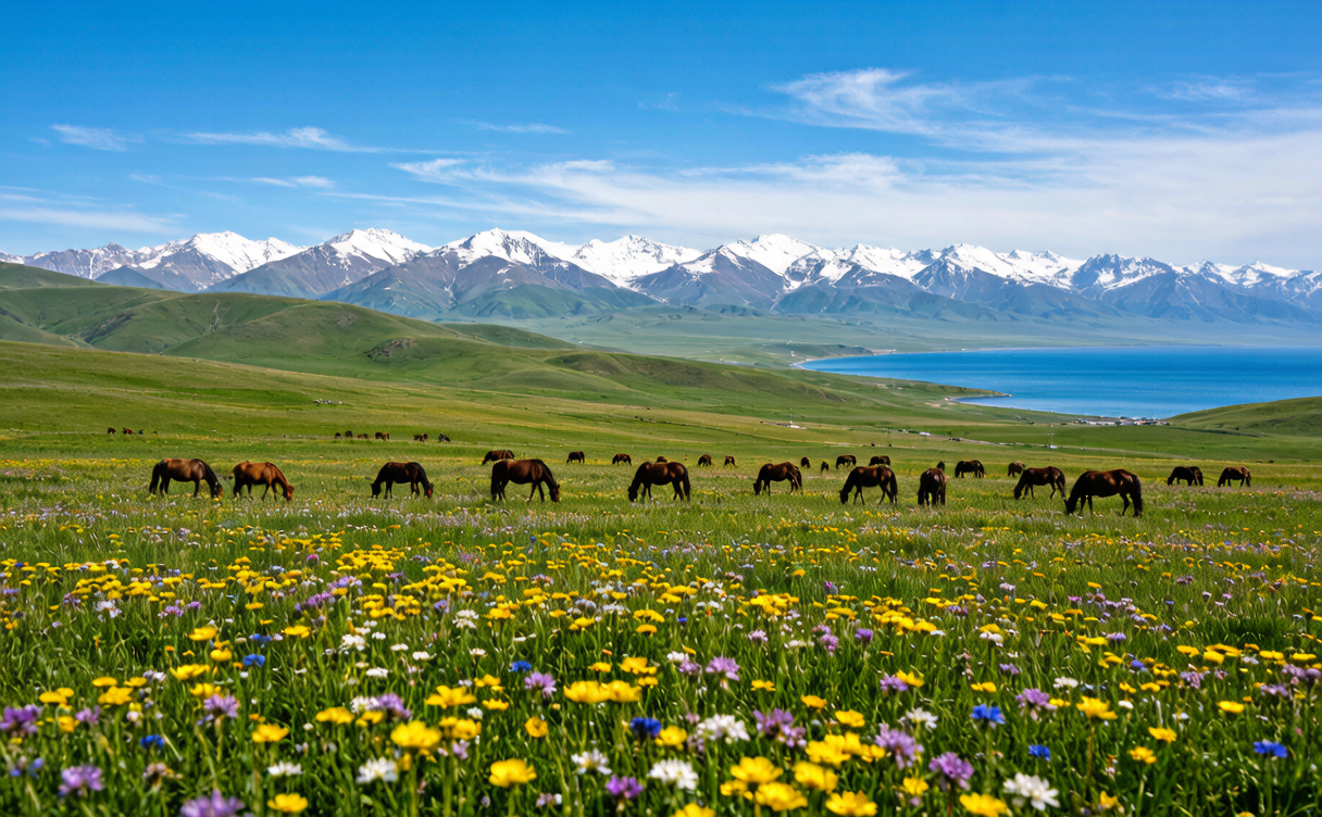 Ili travel guide - pink wild apricot blossom covering green hills in Xinyuan, Xinjiang, China