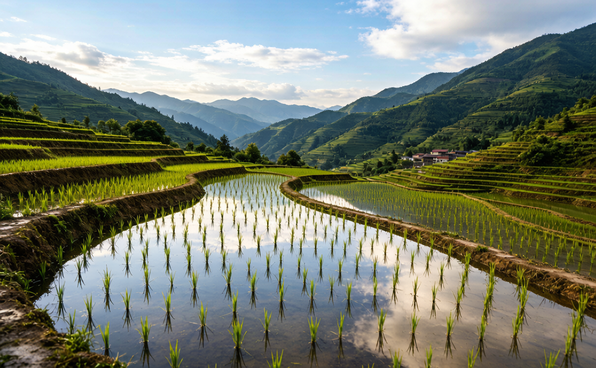 Layered flooded rice terraces at Jiabang in Guizhou, China, reflecting the dawn sky