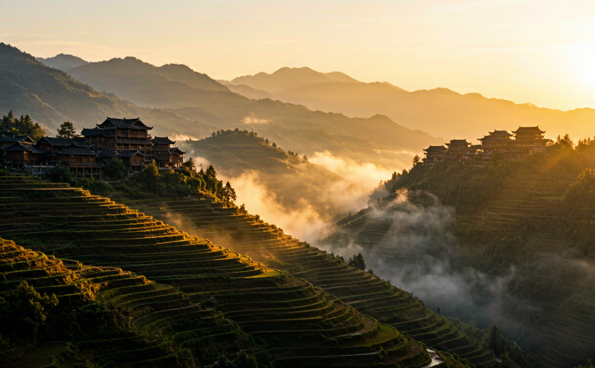 Traditional Miao stilt village among the rice terraces at Jiabang, Guizhou, China