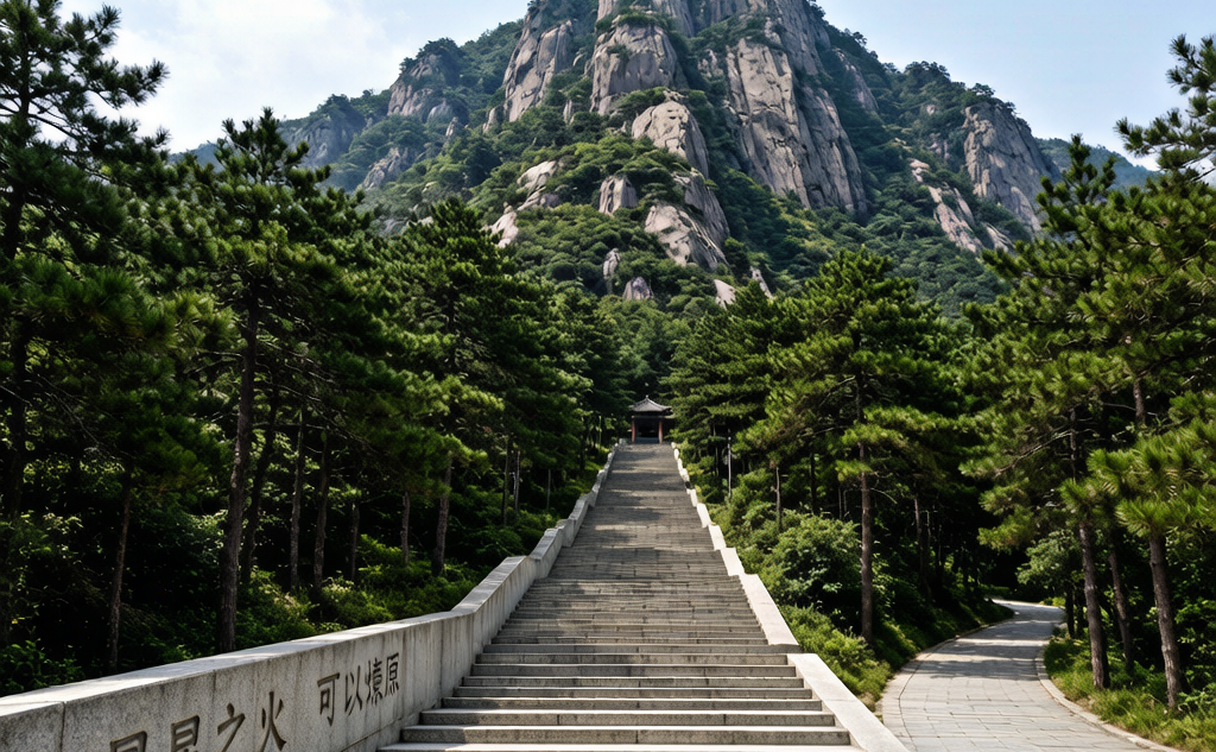 Pine-covered mountains and stone memorial steps at the Jinggangshan revolutionary base in Ji'an, Jiangxi