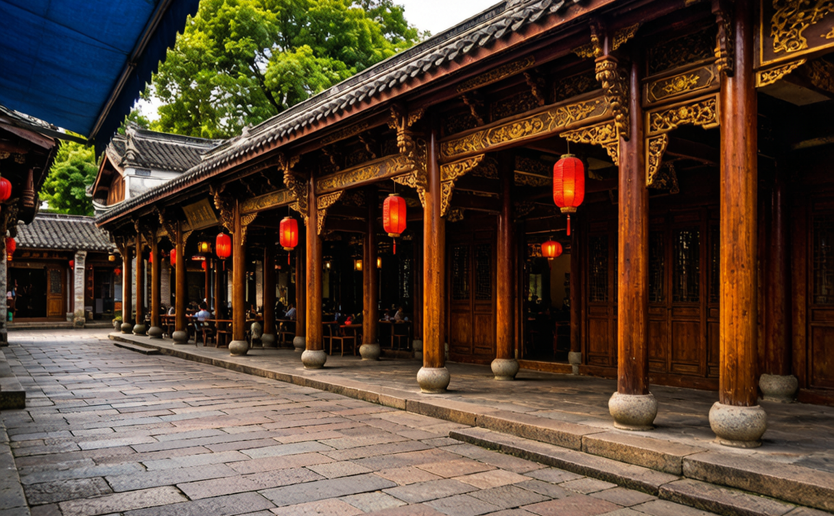 Wooden arcade shopfront streets of the old Luling town in Ji'an at dusk