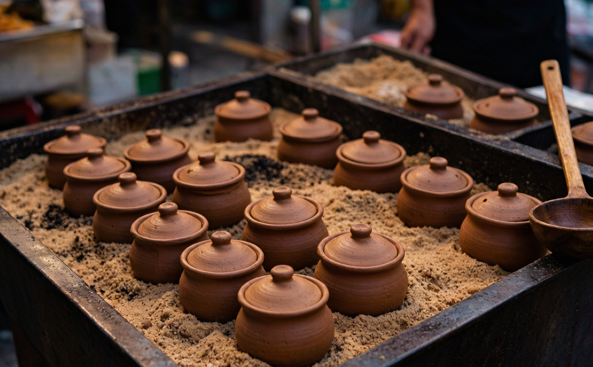 fresh rice noodles lifted from a strainer with steam rising in Nanchang