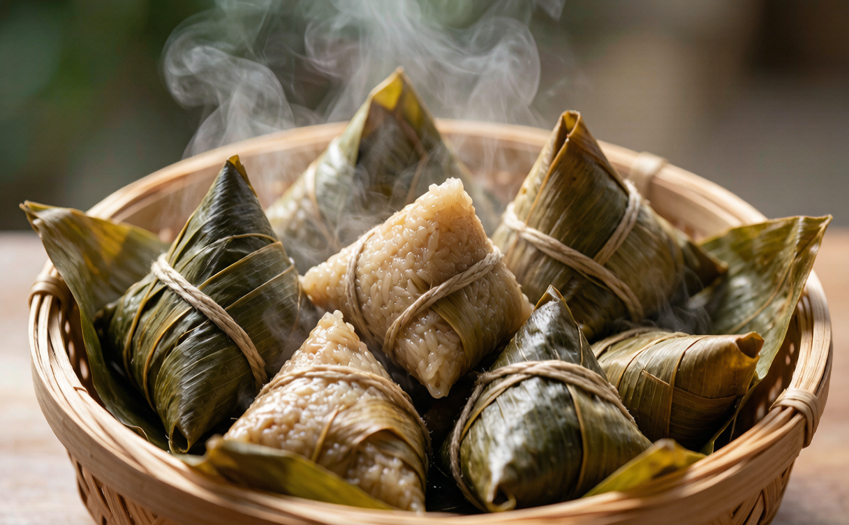 Jiaxing travel guide - Jiaxing zongzi sticky rice dumplings steaming in a bamboo basket
