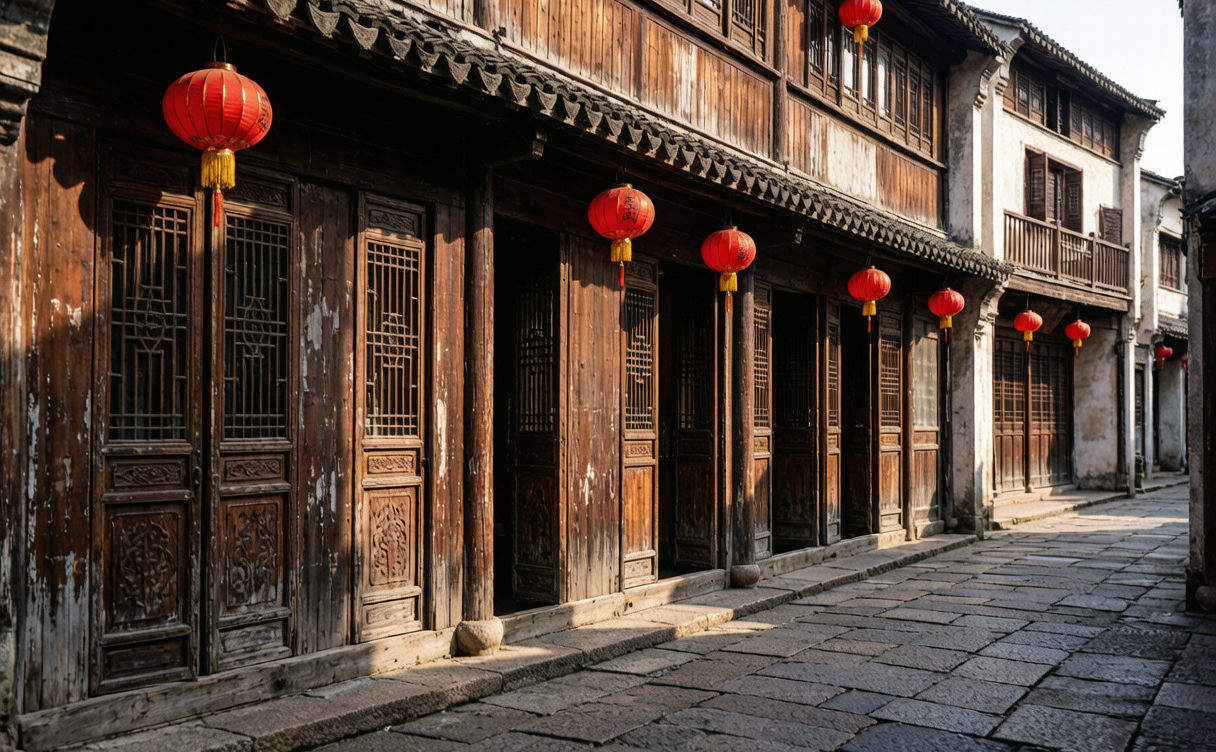 Jiaxing travel guide - lantern-lit wooden shopfronts on Yuehe Historic Street
