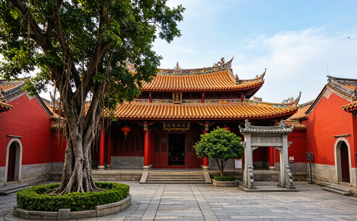 Carved rooftops and courtyard of Jieyang City God Temple
