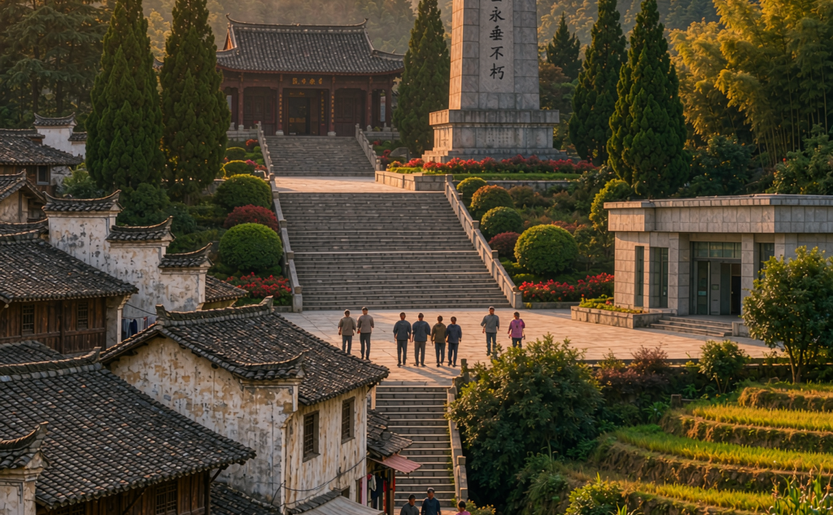 A red-roofed memorial pavilion and village nestled in a green valley at Jinggang Mountain, Jiangxi