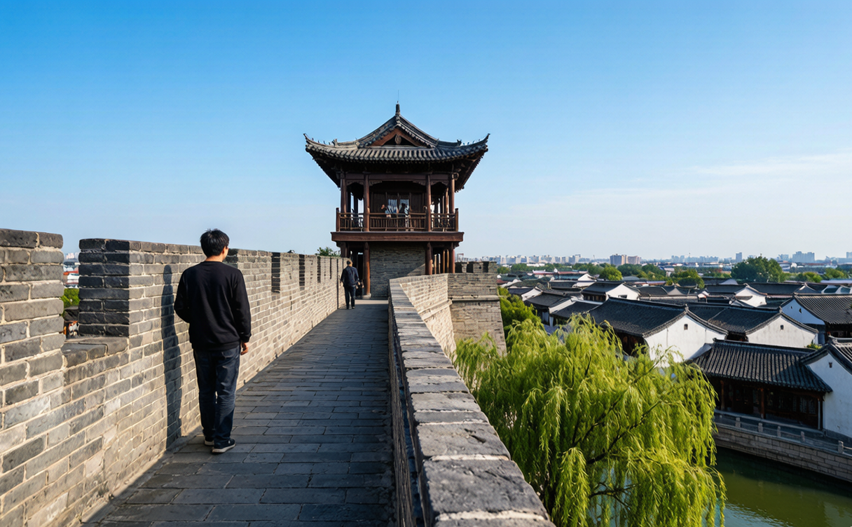 Jingzhou ancient city wall and moat from outside