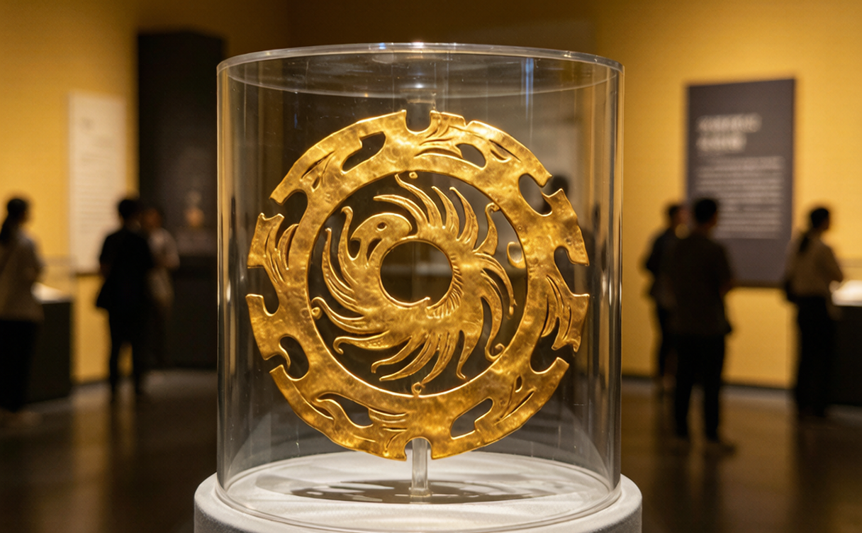 The thin gold Sun Bird foil disc of Jinsha displayed in a darkened museum case