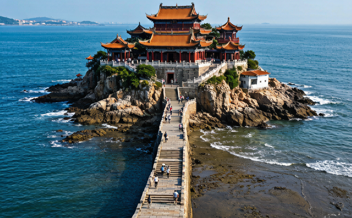 Bijia Mountain temple island linked to the mainland by a tidal stone causeway in Jinzhou, Liaoning