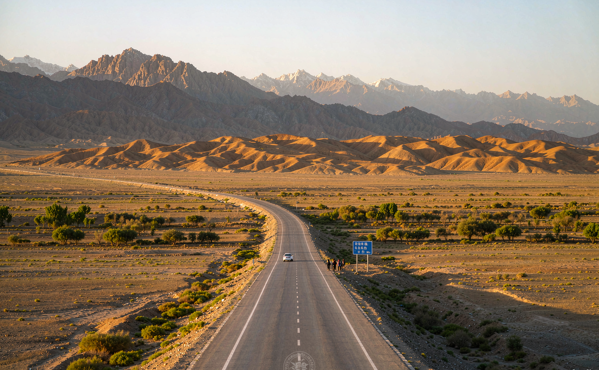 quiet Gobi highway stretching toward Dunhuang from Jiuquan