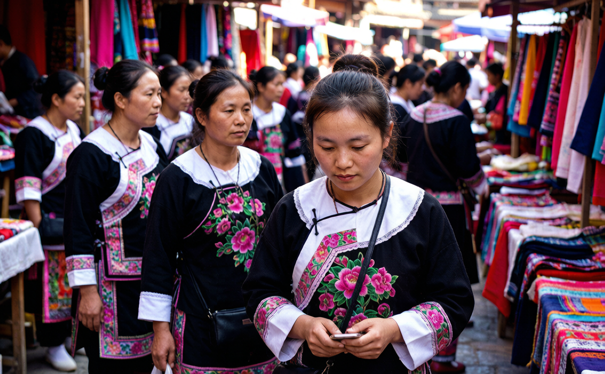 Kaili travel guide - Miao women in silver ornaments and embroidered dress at a Guizhou village market