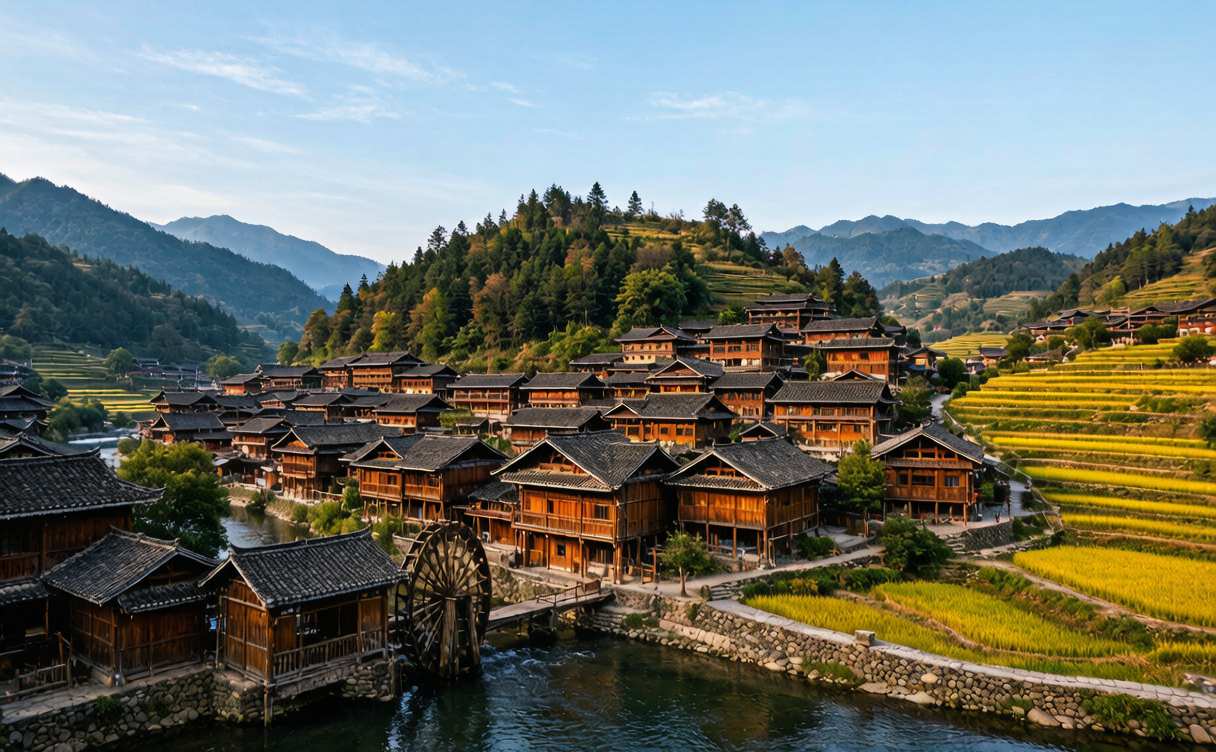 Kaili travel guide - terraced rice fields and wooden Miao village houses in the hills of Guizhou