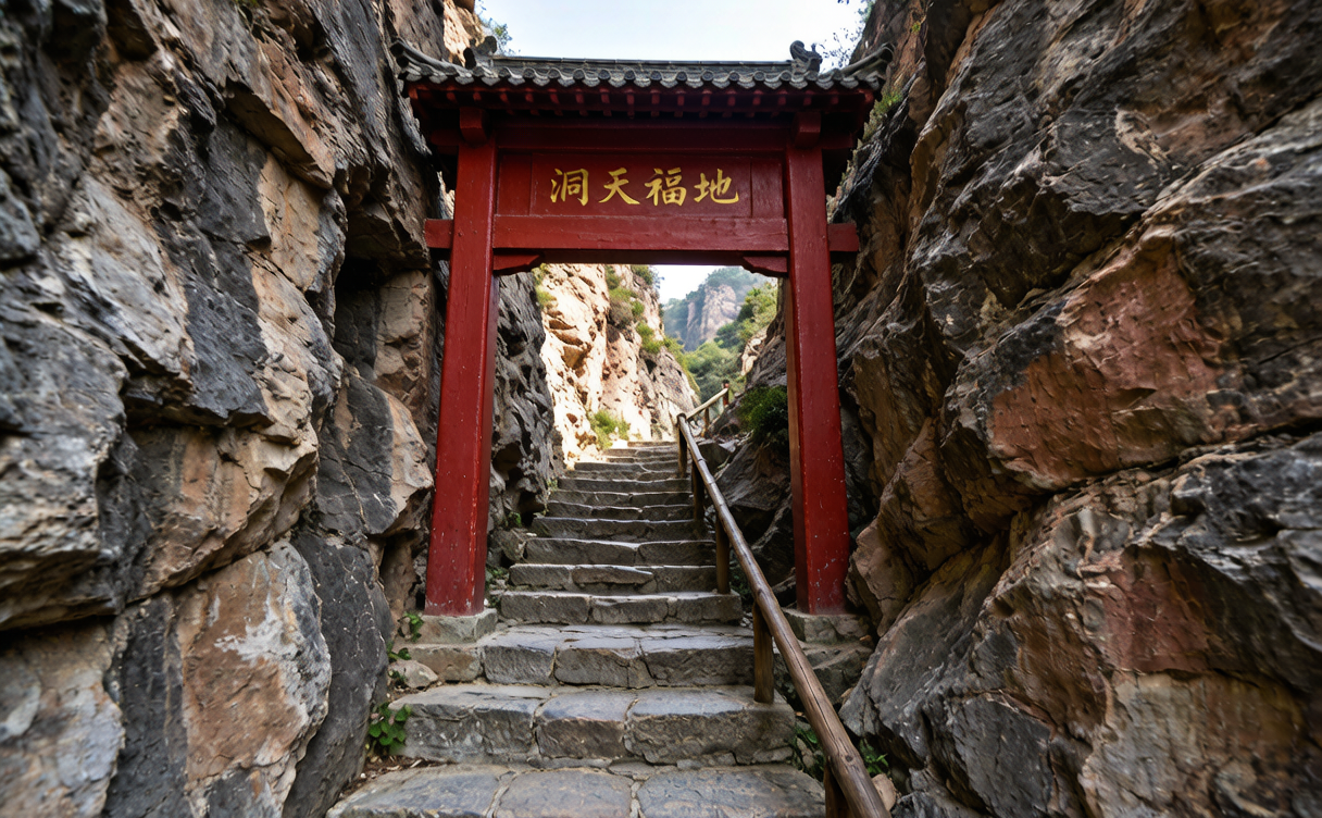 Mount Kongtong travel guide - stone stairway through a rock-cut gateway on the ascent