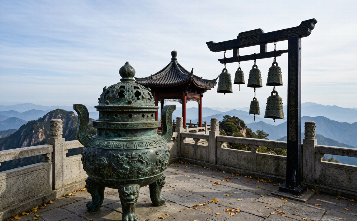 Mount Kongtong travel guide - bronze incense burner at a summit temple hall
