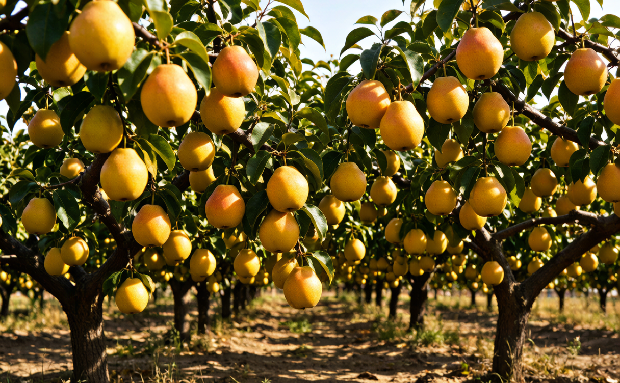 Korla travel guide - ripe Korla fragrant pears on the branch in an oasis orchard