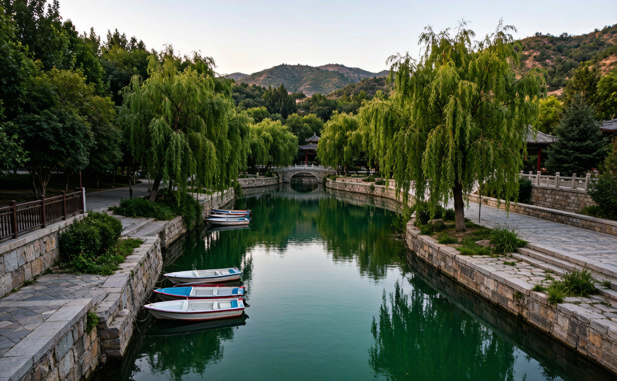 Korla travel guide - evening boats on the Peacock River running through the oasis city