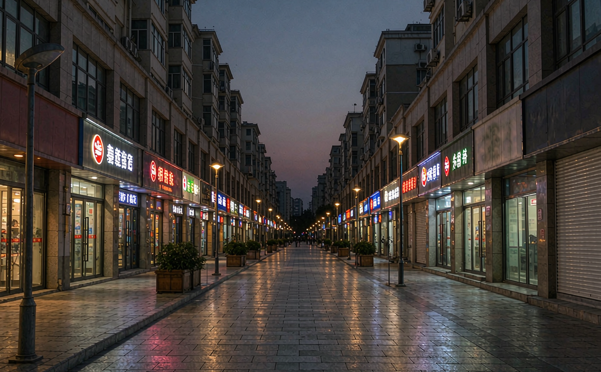 Pedestrian shopping street in Langfang with neon signs and local shoppers