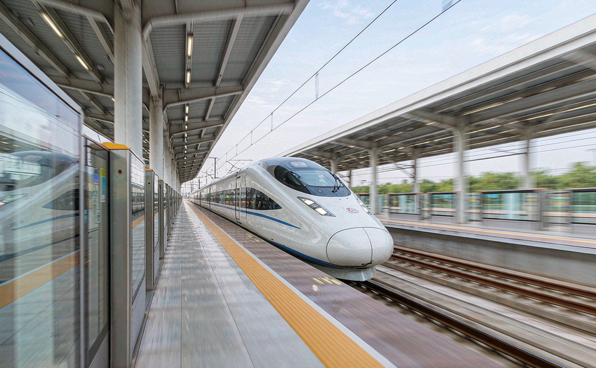High speed railway platform at Langfang station with a train arriving