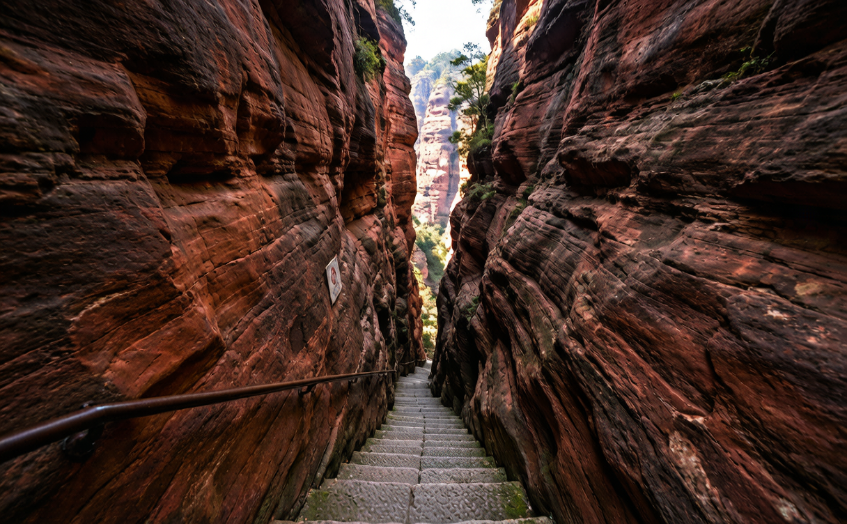 Mount Langshan travel guide - the Tianyi Xiang crevice trail between red danxia cliffs