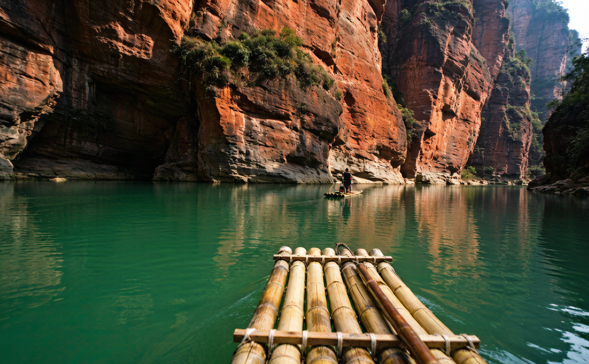 Mount Langshan travel guide - bamboo rafting on the Fuyi River beneath danxia cliffs