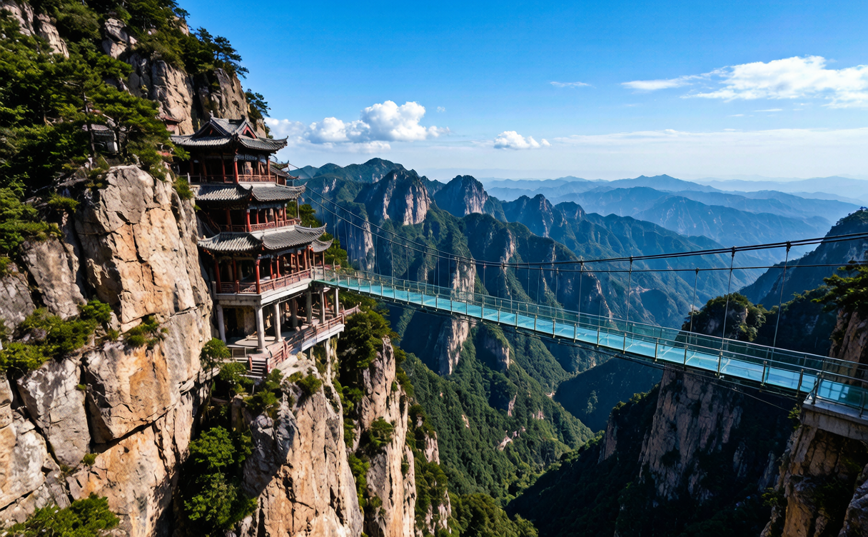 Golden Taoist temples of Laojun Mountain summit above a white sea of clouds in Henan