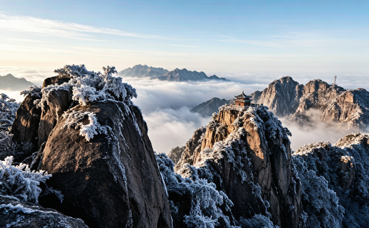 Pilgrims and hikers on stone steps along the cliffside Painting Screen ridge of Laojun Mountain, Henan