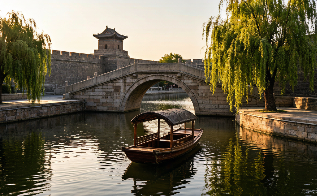 Dongchang Lake and old city wall at sunset in Liaocheng