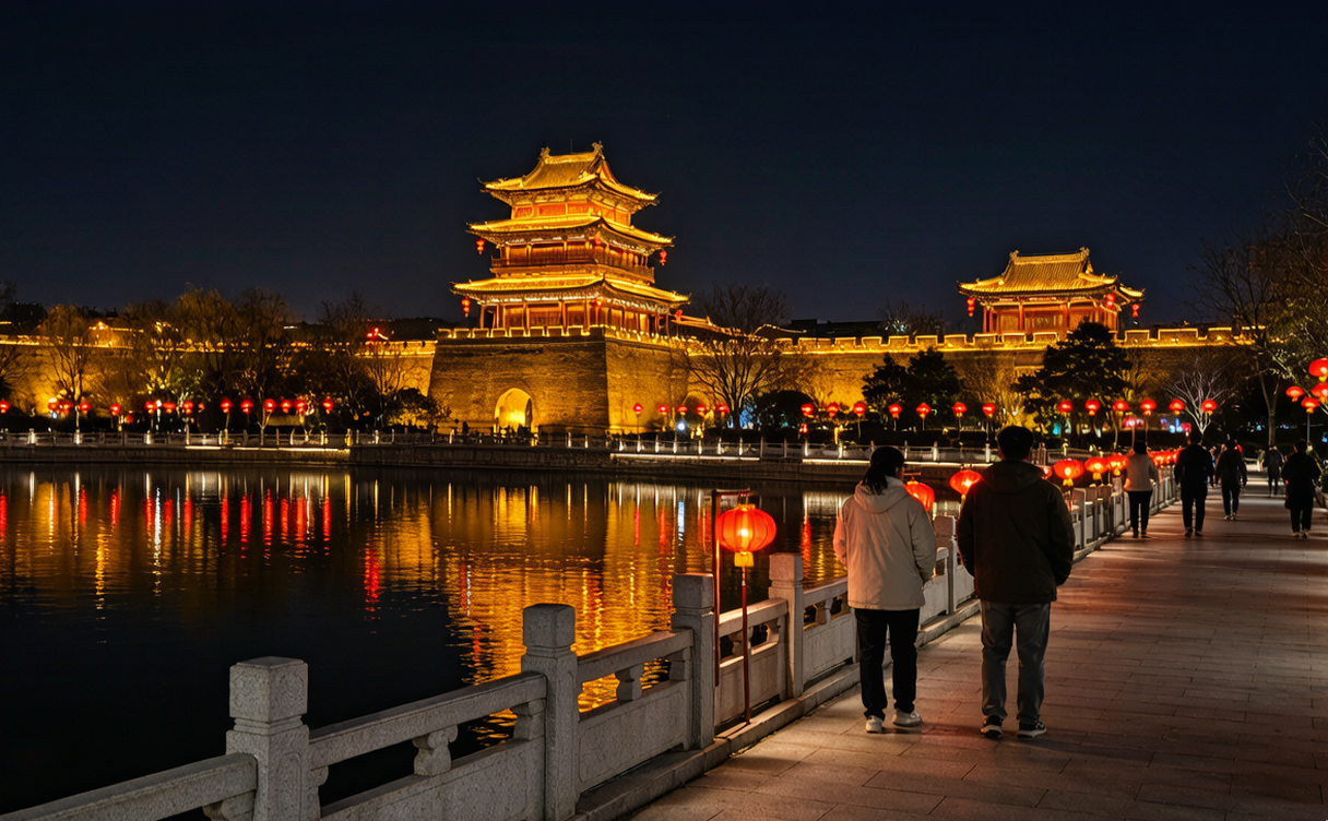 Liaocheng lakeside night market with local street food