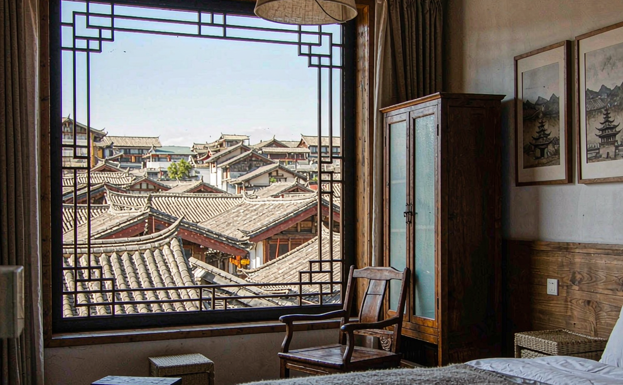 A Lijiang boutique inn courtyard with carved Naxi timber windows, tiled roof and a potted tree in the patio