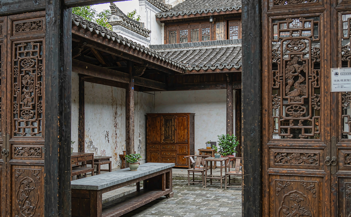 Red wooden gates and tiled courtyard along the central axis of Mu Residence Lijiang