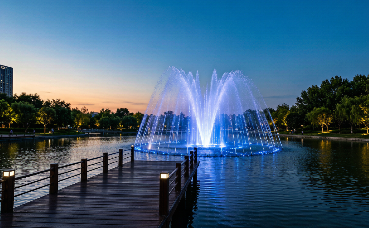 Linyi travel guide - evening fountain show on the Yi River waterfront in Linyi