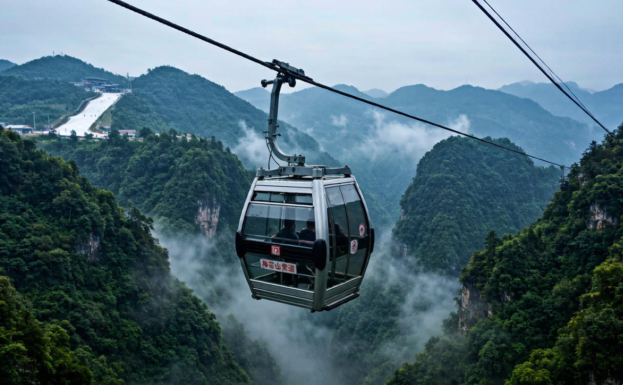Cable car over forested valleys at Meihuashan near Liupanshui