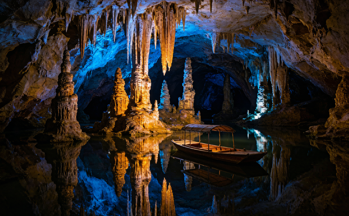 Sightseeing boat on the illuminated underground river inside Longgong Cave in Guizhou, China